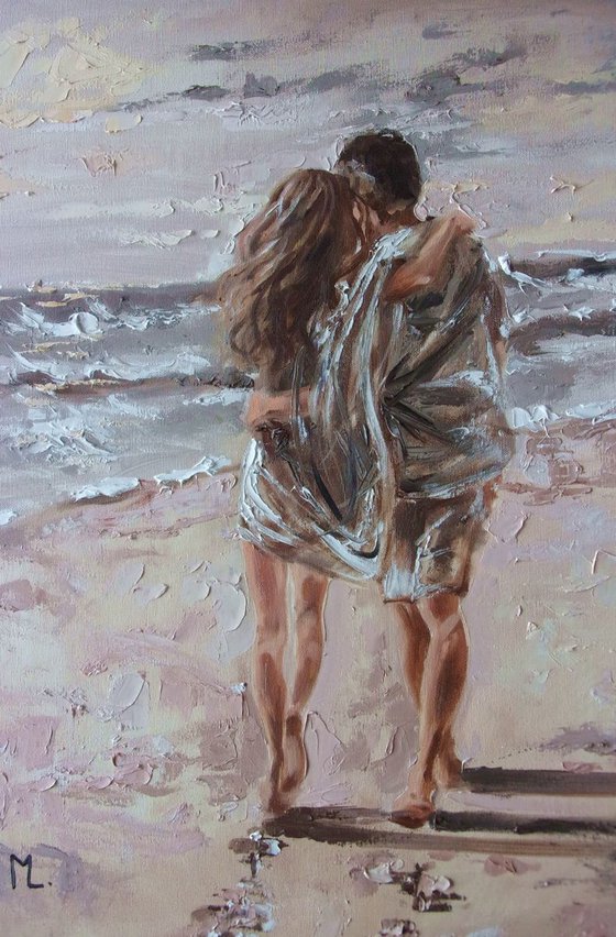 " MOMENTS WITH YOU ... "- SKY SEA SAND liGHt  valentines day couple ORIGINAL OIL PAINTING, GIFT, PALETTE KNIFE