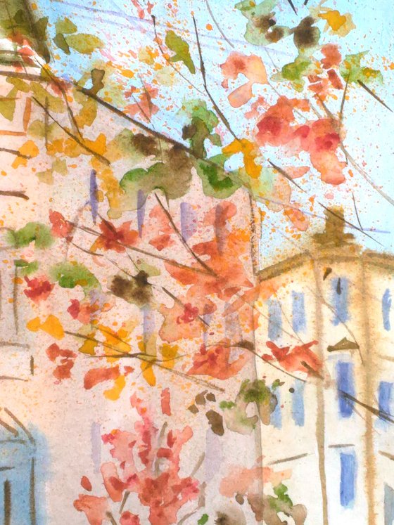 Lviv Painting Ukraine Original Art Fall Small Watercolor Artwork Cityscape Wall Art 8 by 12" by Halyna Kirichenko