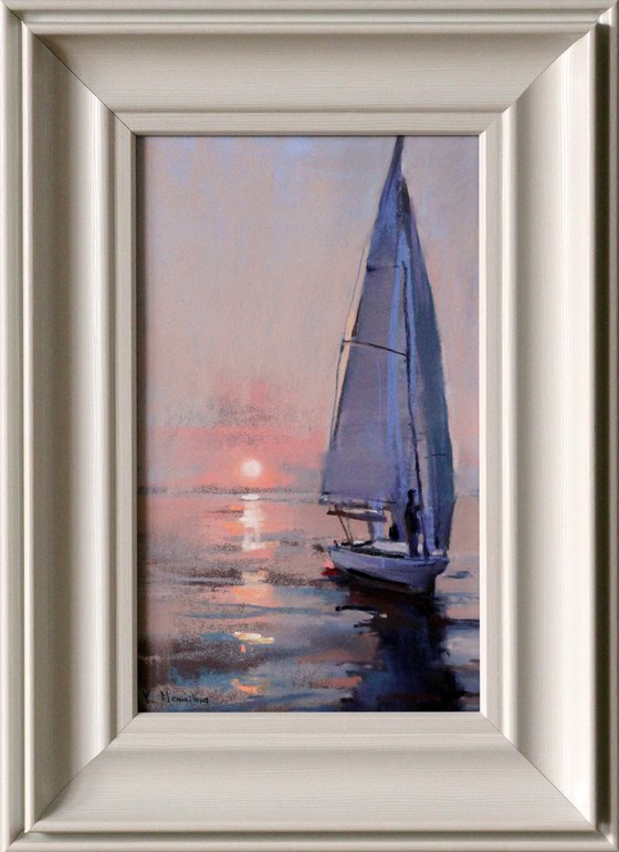 Seascape - Boat - Pink sunset - Pastel drawing