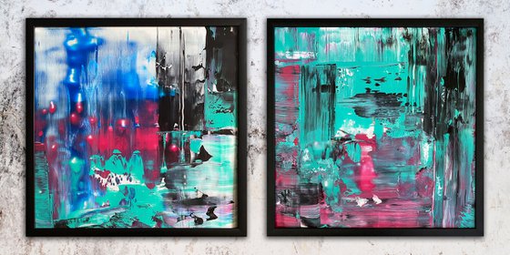 "Swipe Left" - Save As A Series - Original PMS Abstract Diptych Acrylic Paintings On Plexiglass, Framed - 52" x 26"