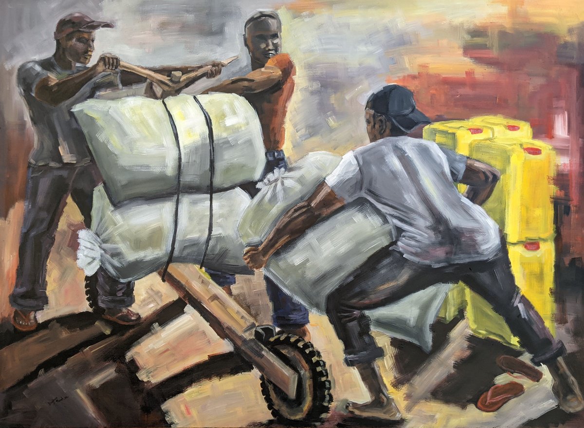 Impressionistic Portrait Acrylic Painting By Bugingo Noah, 55 X 43, Chukudu (Wooden Bicycle) Ii, Original Artwork