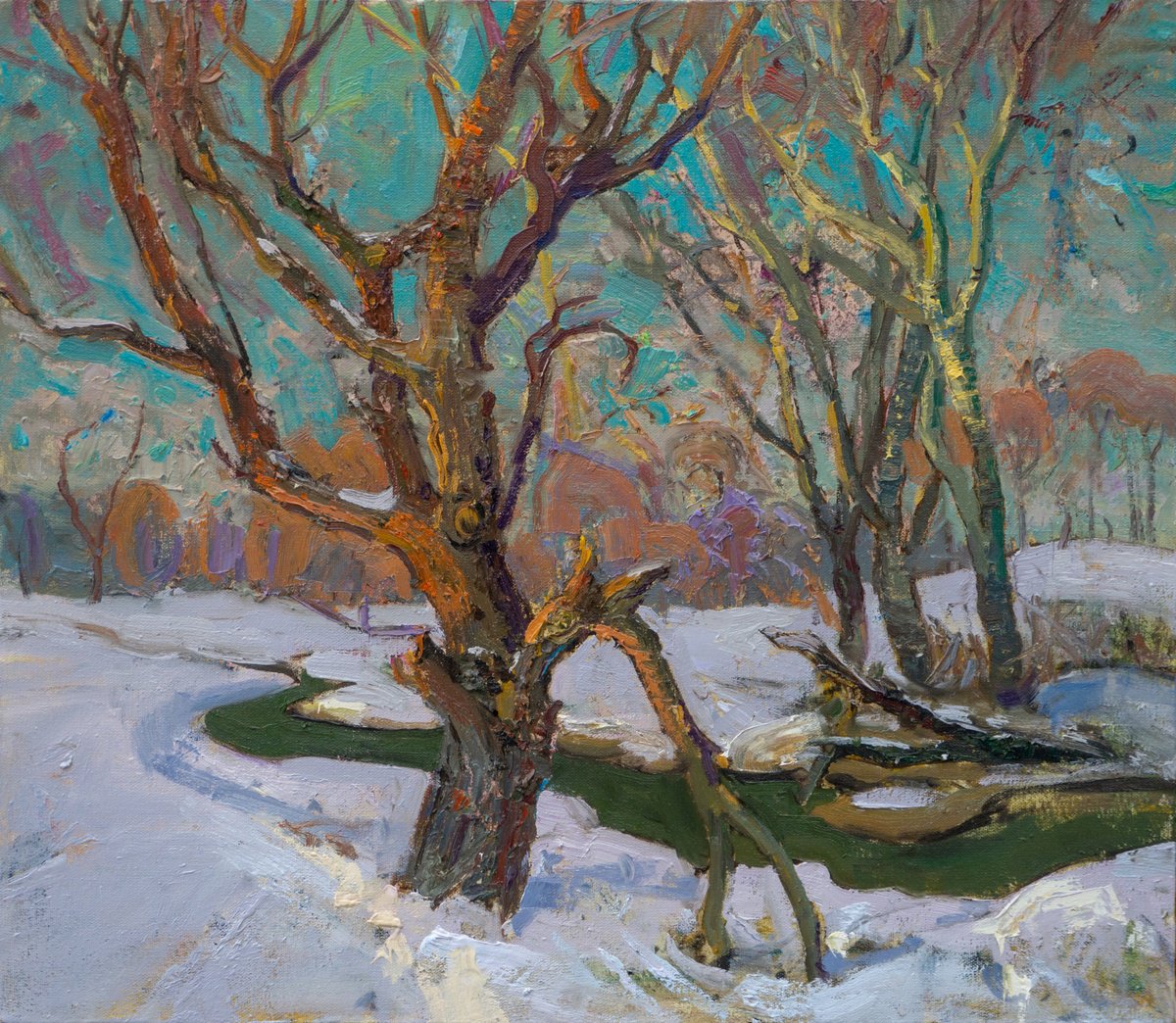 Impressionistic Landscape Oil Painting By Victor Onyshchenko, 28 X 24", Trees Near Stryzhen. January, Original Artwork