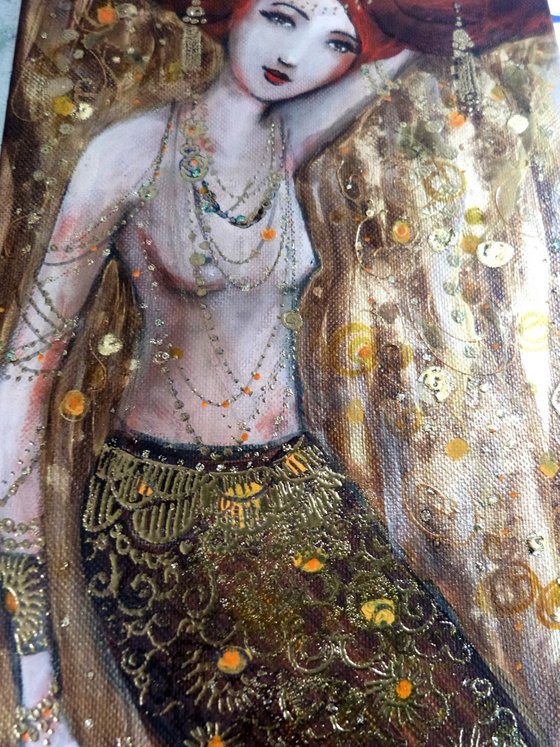 Gold abyss 20 x60 cm.Mermaid woman in gold.