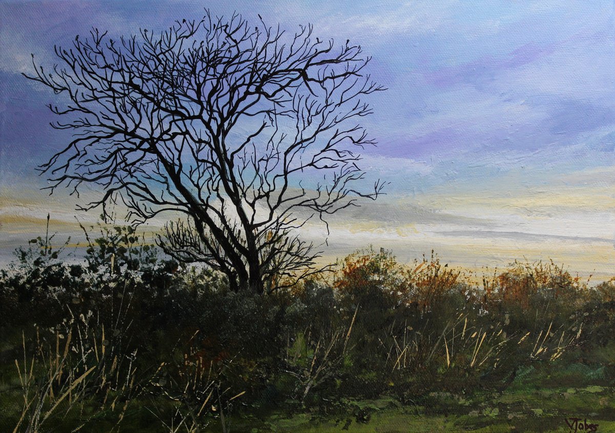 Impressionistic Landscape Acrylic Painting By Valerie Jobes, 14 X 10", Winter Sunset, Original Artwork