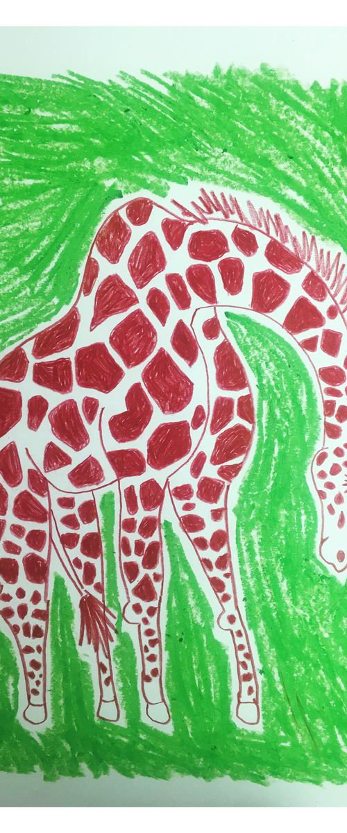 Vanessa The Coy Giraffe - Original Signed Coloured Pencil And Oil Pastel Drawing by David Horgan
