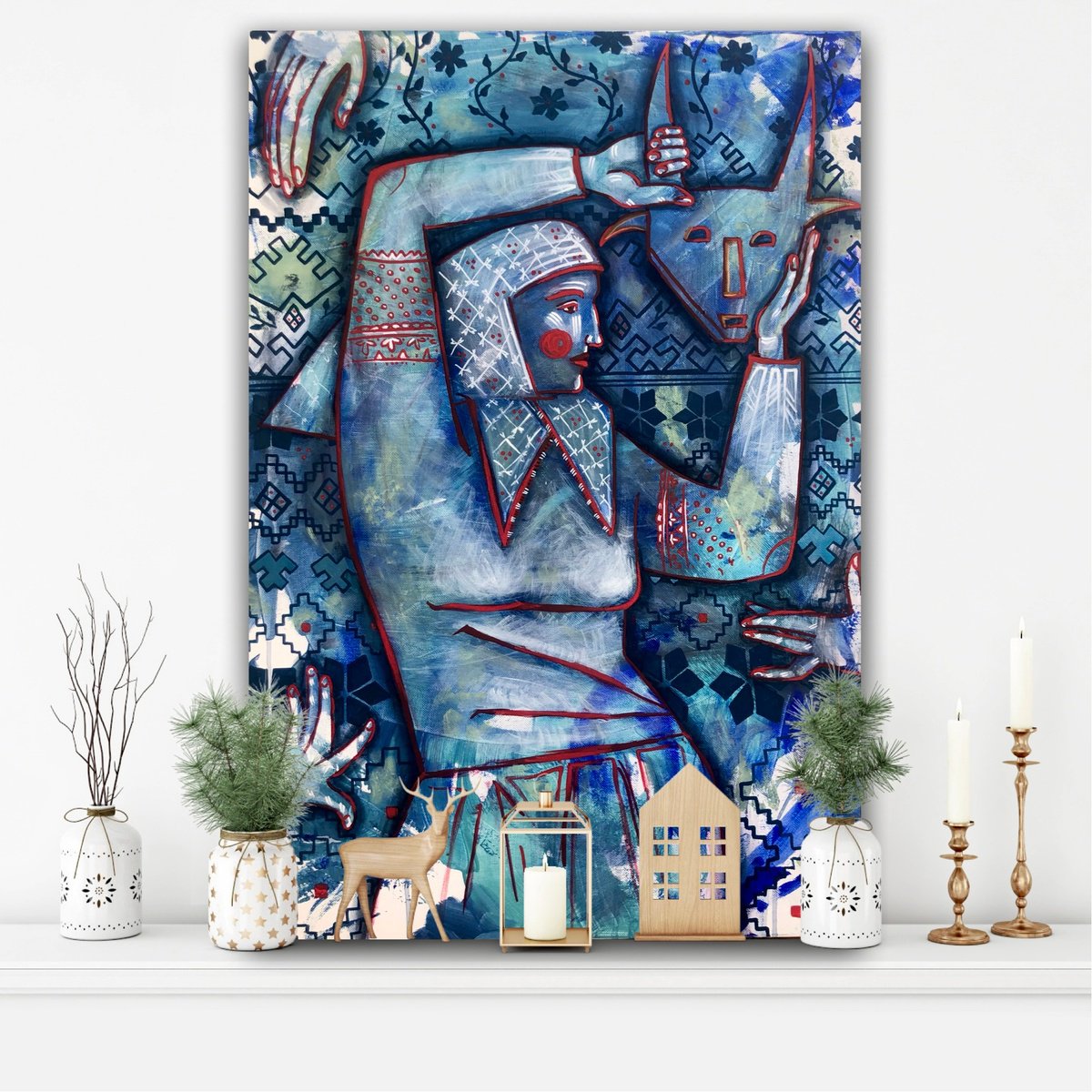 Naive Portrait Acrylic Painting By Yuliia Chaika, 20 X 29", - Goat Mask” Christmas, Original Artwork