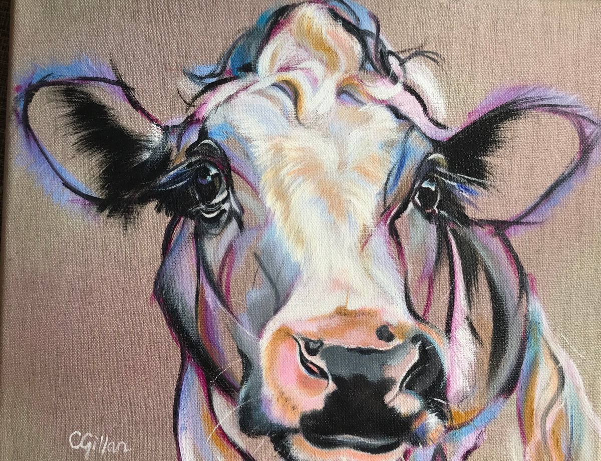 Neon - Black & White cow original oil painting by Carol Gillan