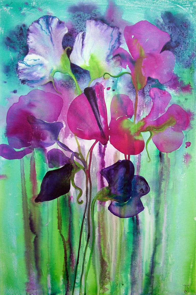 Impressionistic Botanical Acrylic Painting By Theresa Shaw, 24 X 35", Sweet Peas, Original Artwork