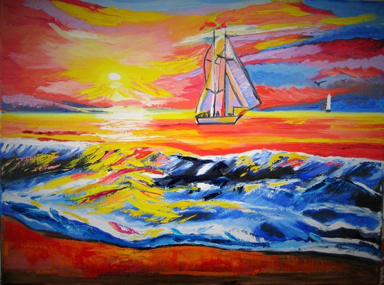 Sea Sunset. Original Oil Painting on Canvas. 12" x 16". 30,8 х 40,6 cm.