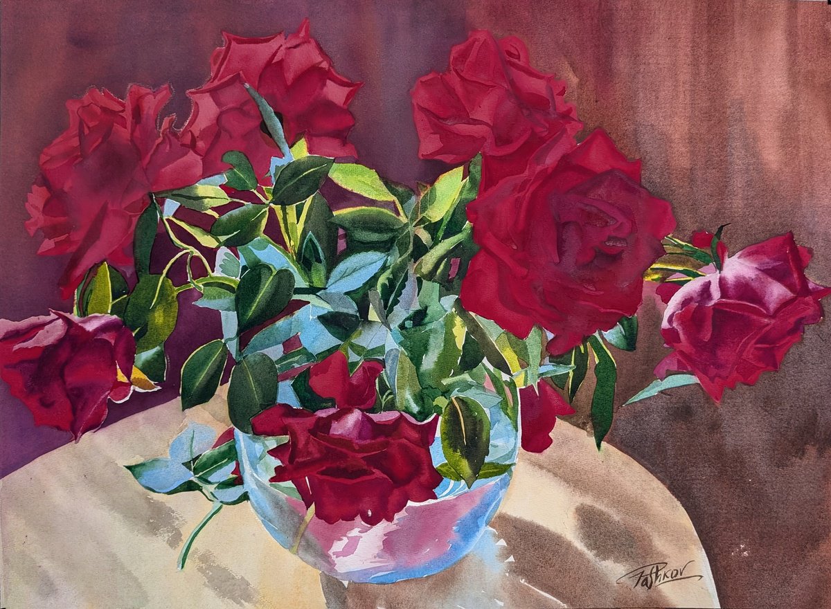 Impressionistic Watercolour , Bouquet Of Red Roses By Yurii Pashkov, 28 X 20, Artwork For Sale On Artfinder