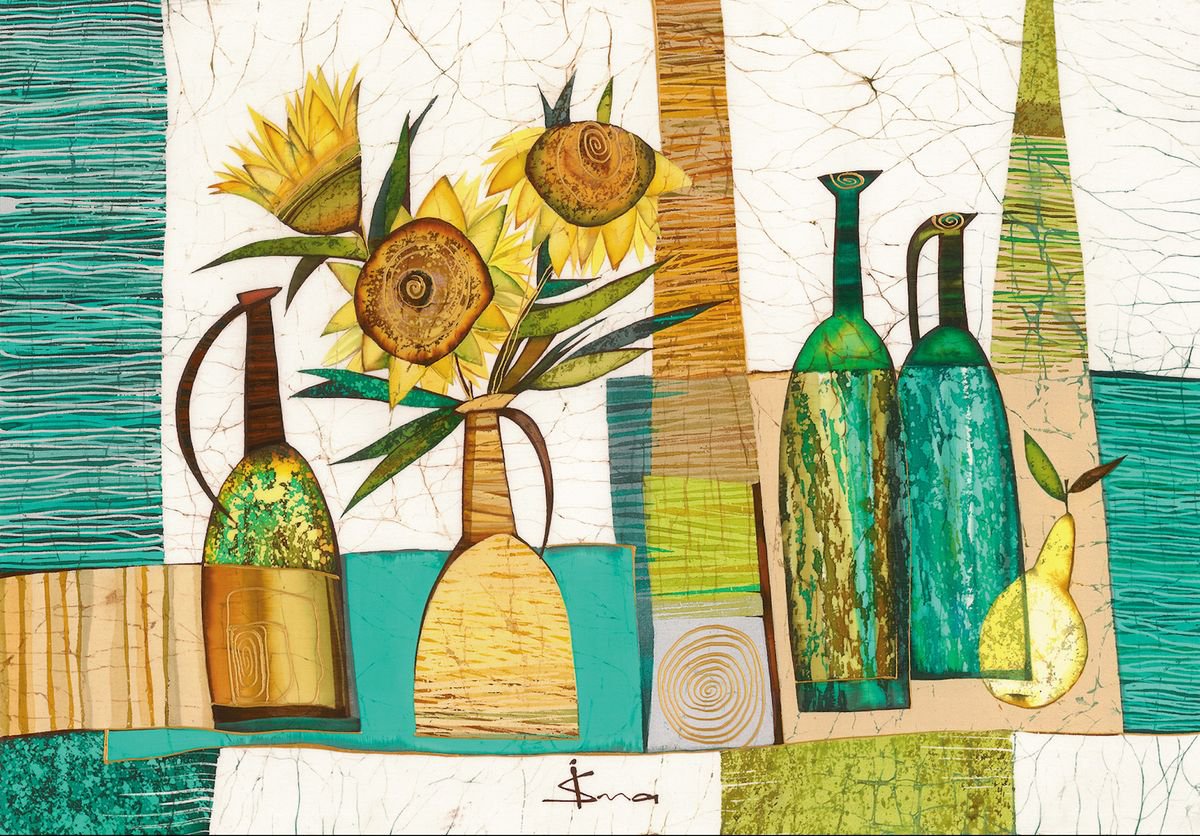 Organic Botanical Acrylic Painting By Julia Ismambetova, 32 X 24", The Sunflowers, Original Artwork