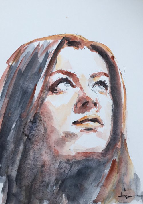 Miss Grey, Watercolor Portrait Study 2021 #6 by Dominique Dève