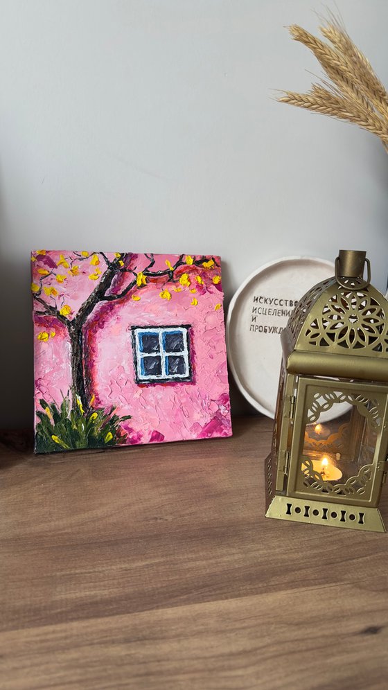 Pink Wall and Blossoming Tree