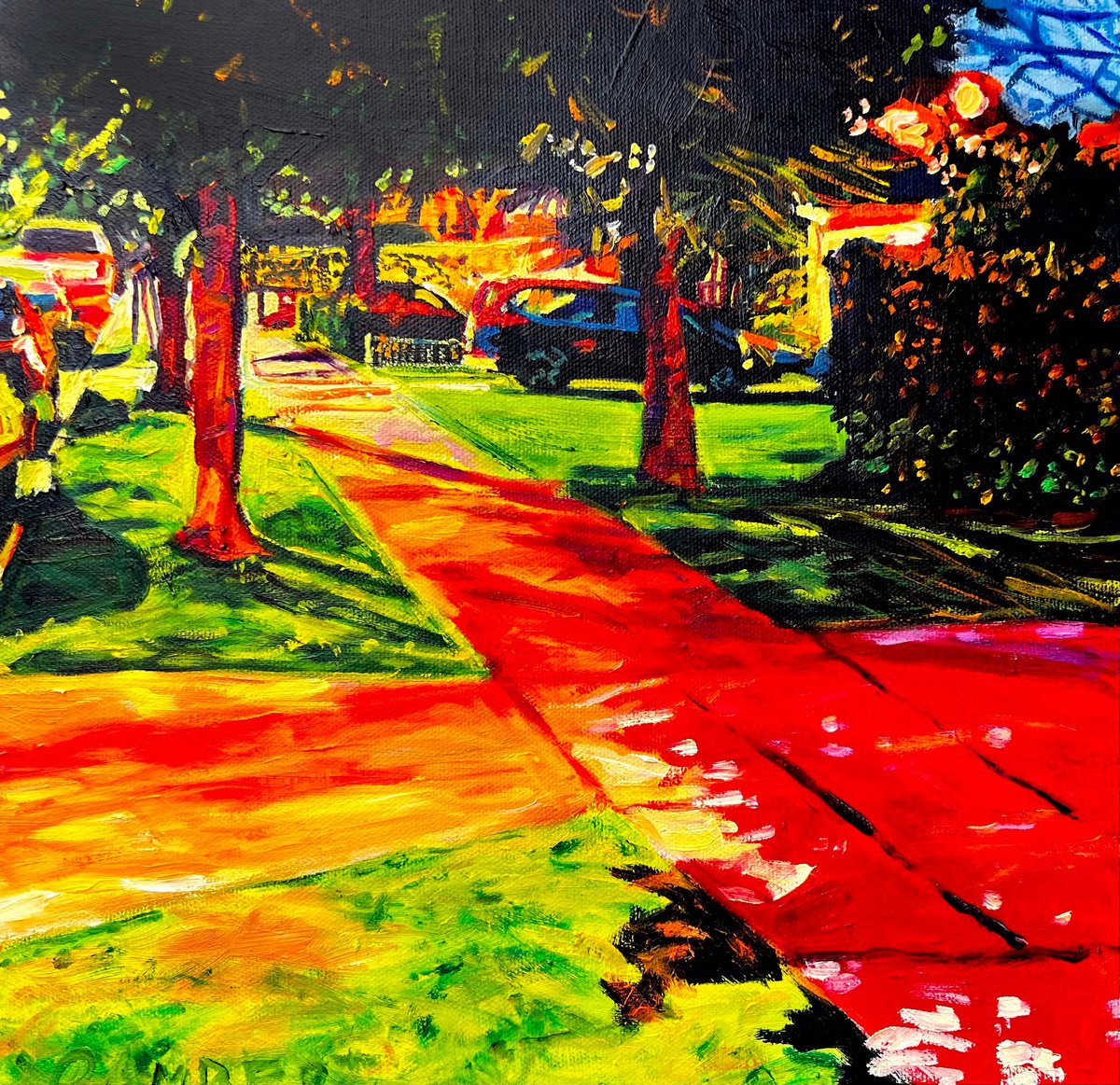 Expressive Cityscapes Oil Painting By Bonnie Lambert, 12 X 12, Late Afternoon Light Show, Original Artwork