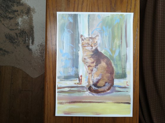 "Cat by the window" (acrylic on paper painting) (11x15×0.1'')