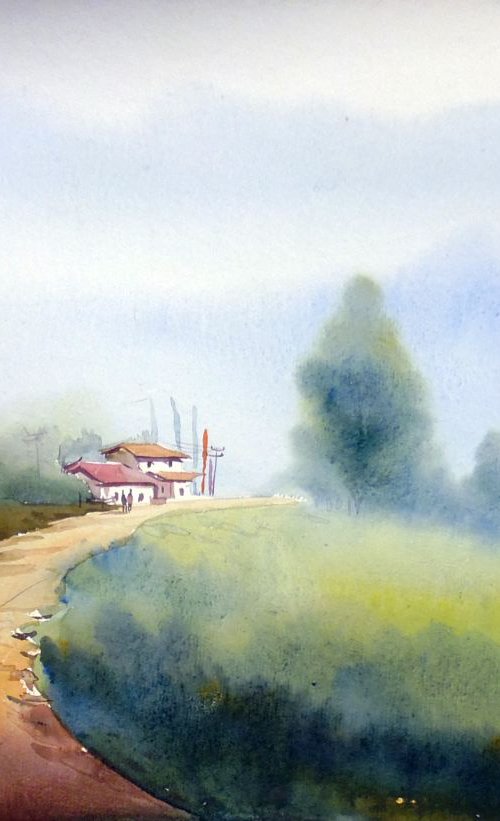 Morning Mountain Path & Village - Watercolor on Paper by Samiran Sarkar