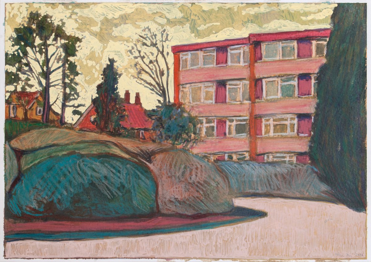 Expressive Landscape Painting By Ishai Rimmer, 12 X 8, Pink Estate, Original Artwork