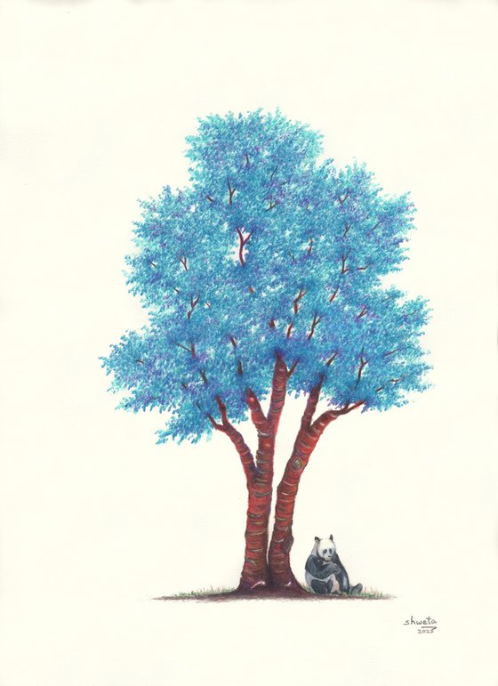 Panda bear and the blue tree