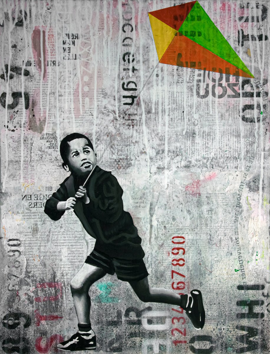 Urban And Pop Portrait Painting By Db Waterman, 20 X 26, Kite Kid, Original Artwork