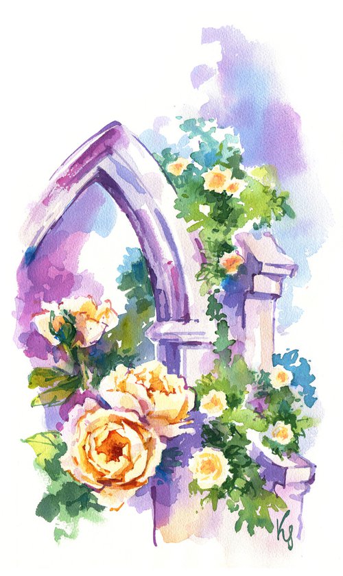 Bright summer landscape "Bushes of yellow roses at the walls and arches of an ancient castle" original watercolor painting by Ksenia Selianko