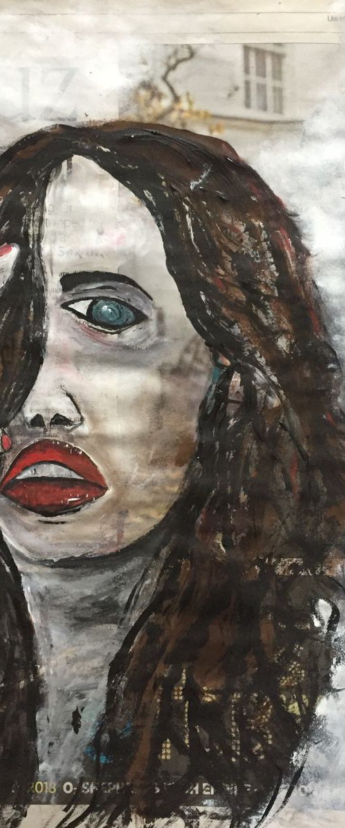 This Face Acrylic on Newspaper Face Art Woman Portrait Red Lips 37x29cm Gift Ideas Original Art Modern Art Contemporary Painting Abstract Art For Sale Free Shipping by Kumi Muttu