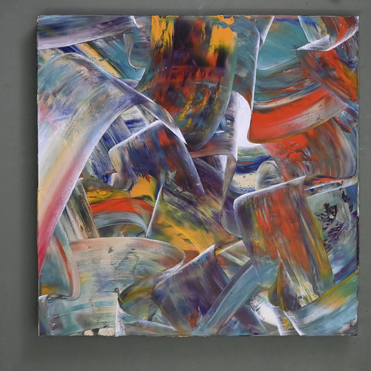 Geometric Abstract Oil Painting By Giuseppe Pastore, 28 X 28, Il Parto Delle Nuvole Pensanti, Original Artwork