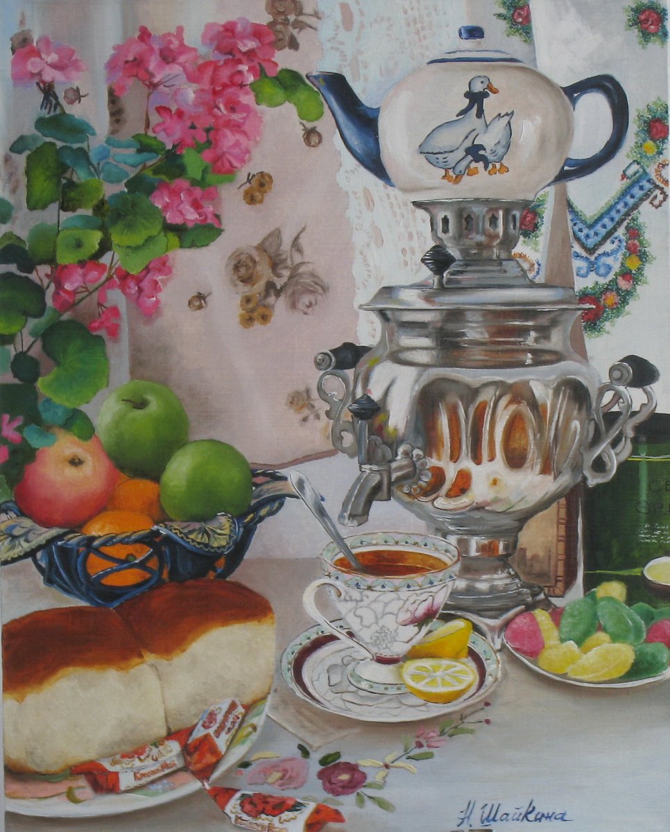 Impressionistic Still Life Oil Painting By Natalia Shaykina, 16 X 20", Tea Time With Fruit And Flower, Original Artwork
