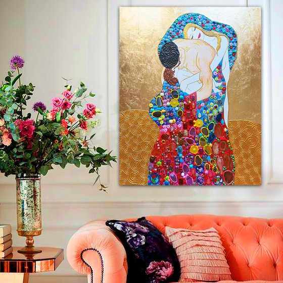 Family portrait, father mother and baby. Man woman child love art with natural gemstones, gold leaf (petal), Murano glass mosaic