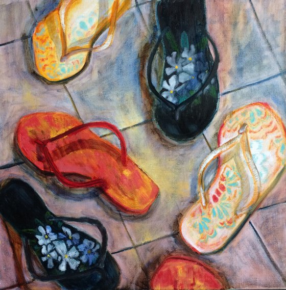 Original oil painting with flipflops - Shoes square canvas wall art - Contemporary portrait