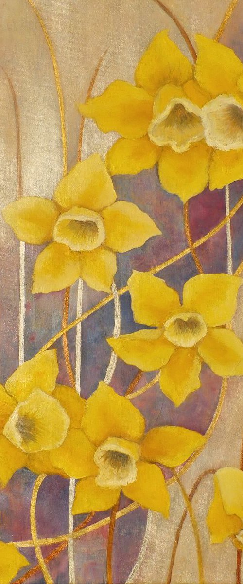 Yellow narcissus in silver space by Sandra Gotautaite