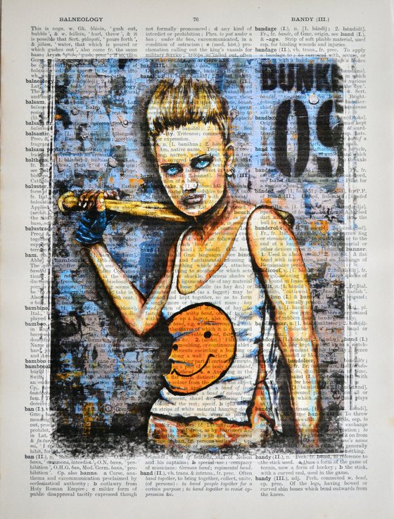 Punk Girl With Baseball - Collage Art on Large Real English Dictionary Vintage Book Page