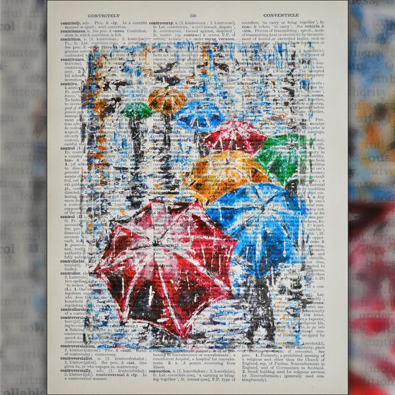 Umbrellas - Collage Art on Large Real English Dictionary Vintage Book Page