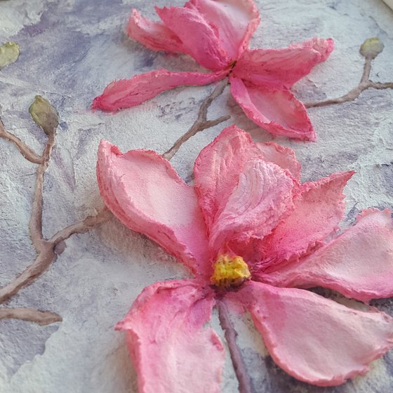 Sculptural painting, pink flowers impasto art Magnolias