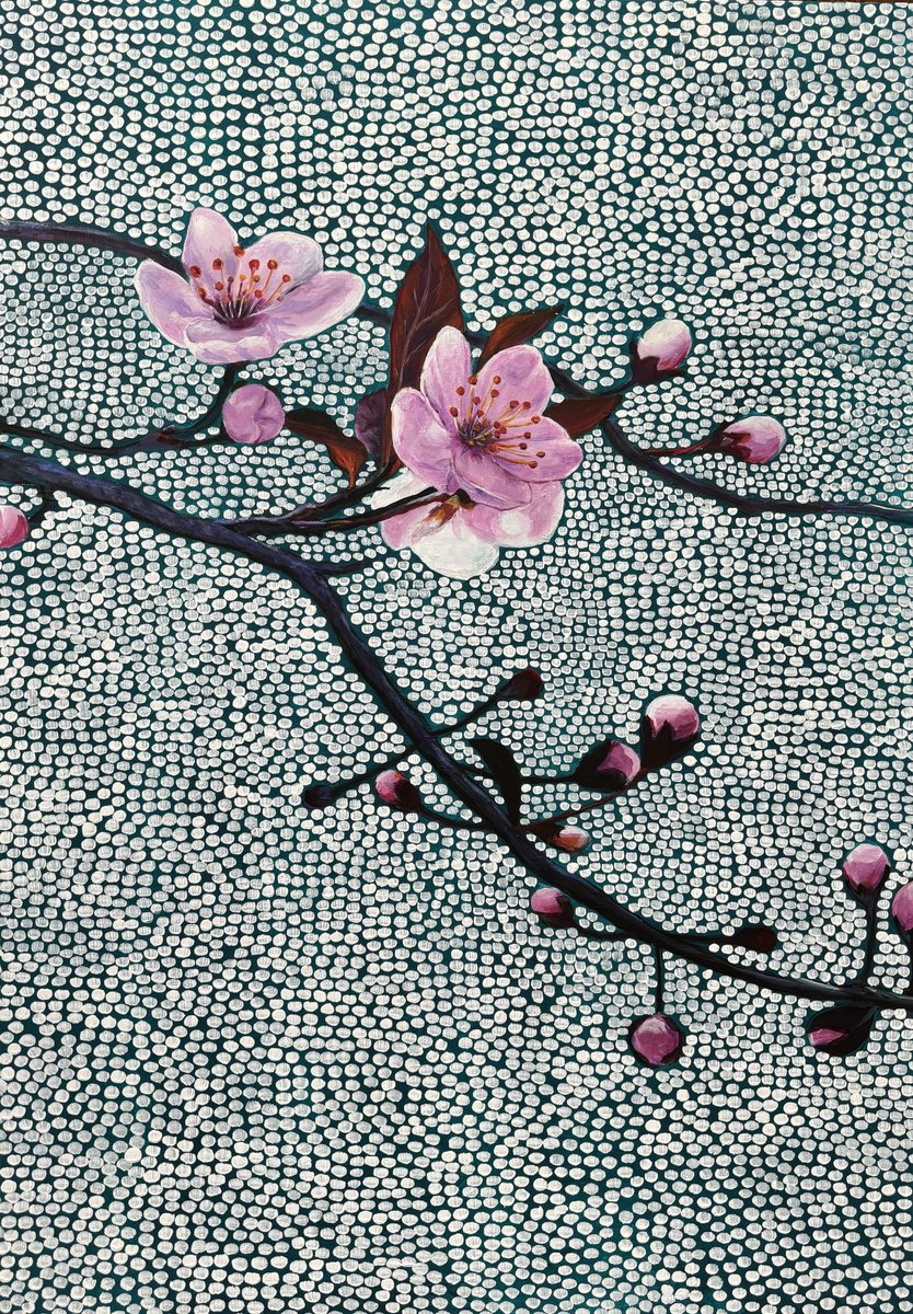 Impressionistic Botanical Acrylic Painting By Sun-Hee Jung, 28 X 39", Flowering Cherry Blossom, Original Artwork
