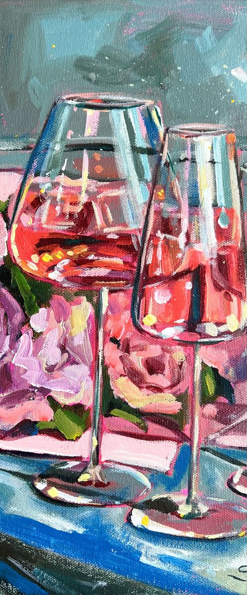 Still Life with Rosé Wine and Flowers by Victoria Sukhasyan