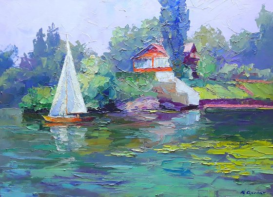 Oil painting White sailboat