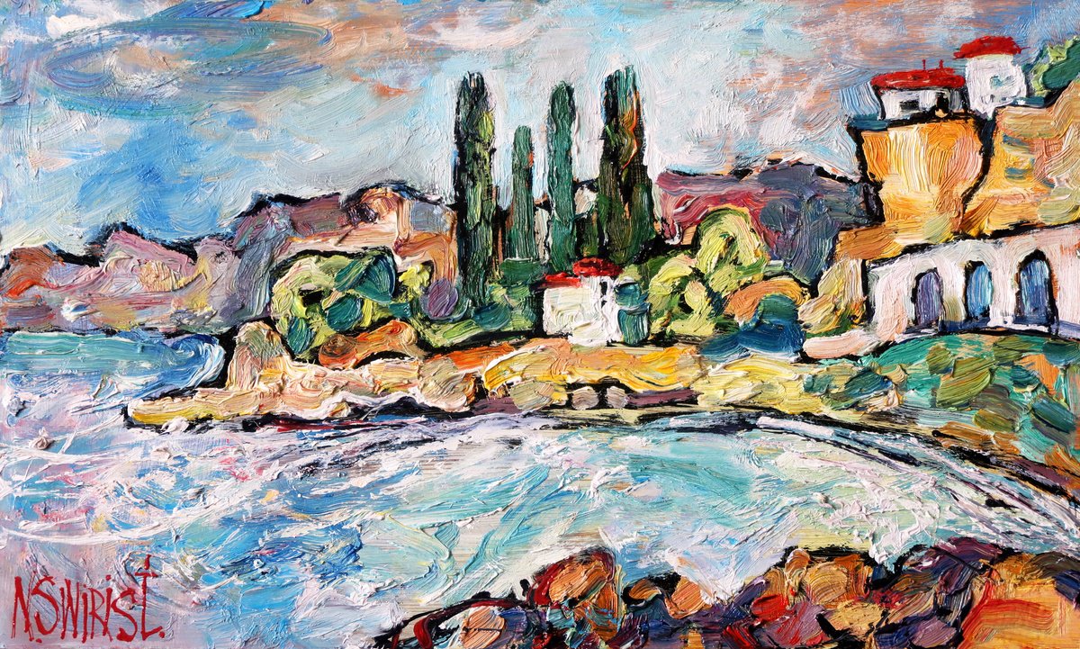 Impressionistic Landscape Oil Painting By Nikifor Swiristuhin, 12 X 7", Ventimiglia - Menton., Original Artwork