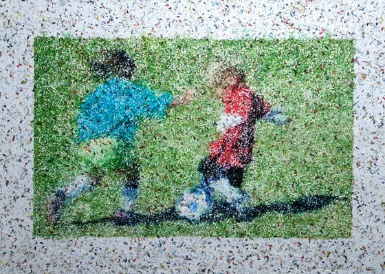 Team 3 - (n.501) - "I love football" series - Acrylic painting on shredded paper on wood