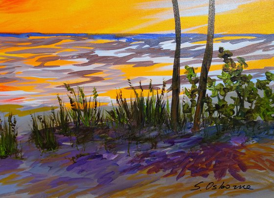 OCEAN SUNSET. Contemporary Florida Sunset Painting in Bold Orange, Purple, Yellow Colors