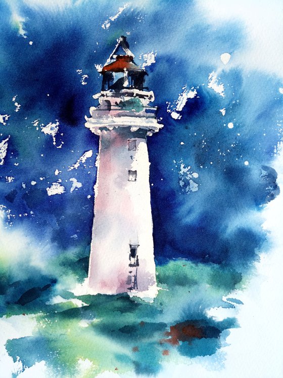 Architectural seascape "A minute before the storm" dramatic lighthouse against the backdrop of blue clouds -  original watercolor artwork in square format