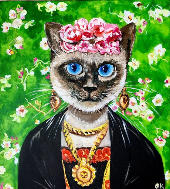Siamese cat Frida Kahlo inspired by her self-portrait  with pink roses .