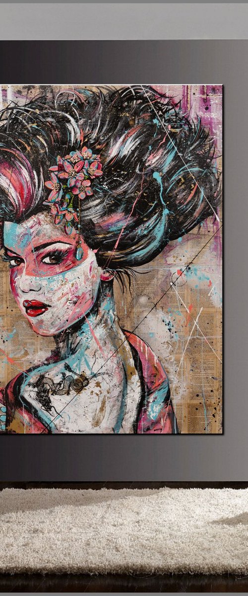 Eurasia 120cm x 150cm Geisha Book Page Abstract Realism Art by Franko