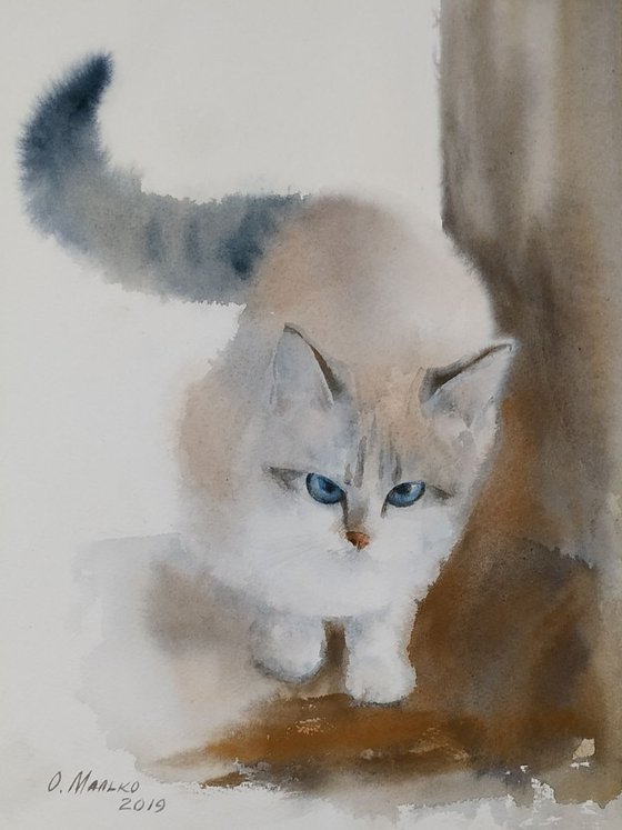 Headstrong cat Vasil / ORIGINAL watercolor 11x14in (28x38cm)