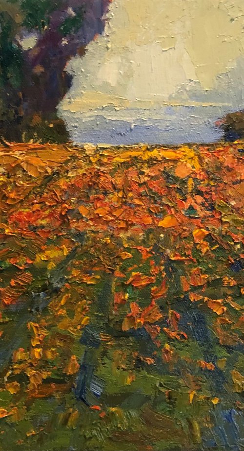 The Marigolds of Mysore landscape oil by Padmaja Madhu
