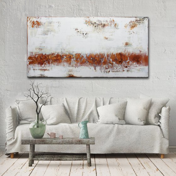 BOUNDARY RIVER * 63" x 31.5" * ABSTRACT TEXTURED ARTWORK ON CANVAS * WHITE * RUST