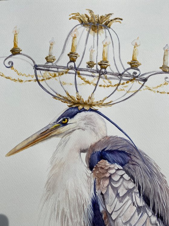 Gray Heron & Golden Chandelier