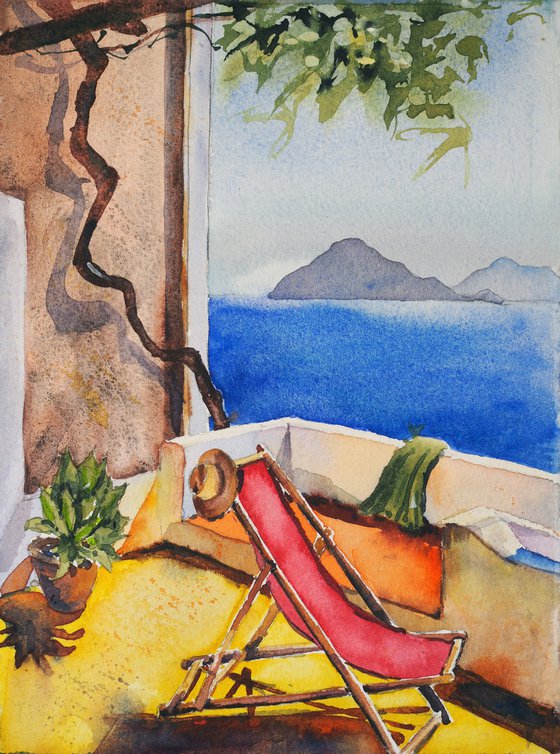Rest in Greece - original watercolor sunny summer