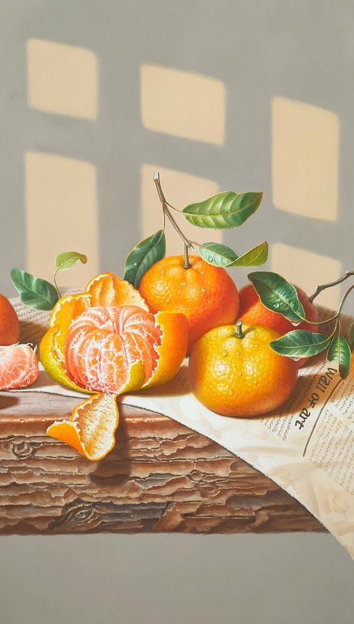 Still life:Oranges on the newspaper t214 by Kunlong Wang