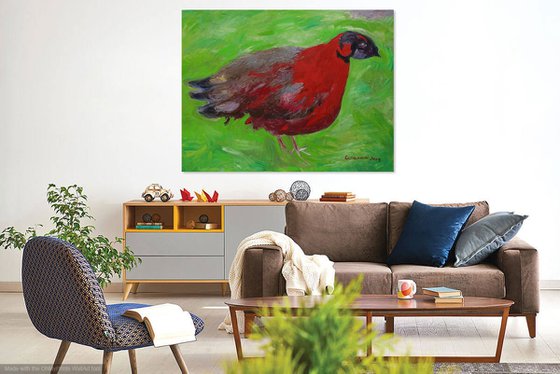 BIRD - animal art, original oil painting, interior home decor,  large size, red green coloured