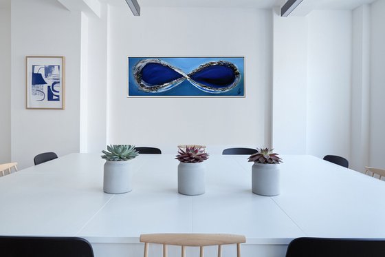 Blue Infinity - abstract acrylic painting, canvas wall art, blue, black, white gold, framed modern art